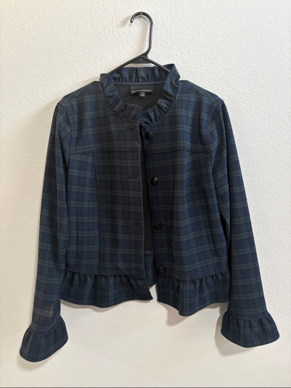 Banana Republic Navy & Green Plaid Ruffle-Trim Blazer